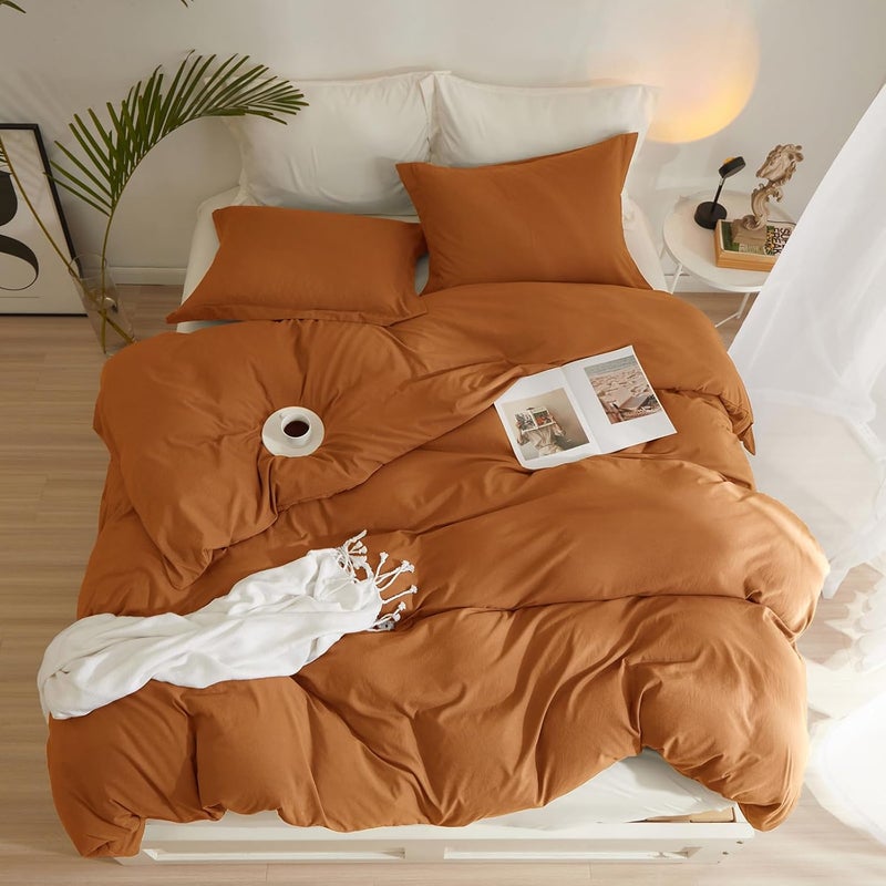 AMWAN Terracotta Duvet Cover Queen Size Burnt Orange Duvet Cover Soft 3 Pieces Microfiber Bedding Set Rust Color Fall Comforter Cover Boho Caramel Duvet Cover 90”x90” with Zipper Closure and 2 Pillowcases - Image 4