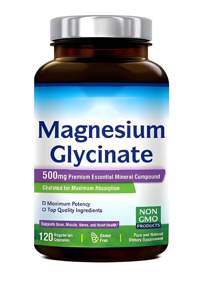 Magnesium Glycinate - Innate Vitality Magnesium Glycinate 500mg: 70mg Elemental Magnesium, High Absorption, Non-GMO, Gluten-Free. Supports Nerve, Muscle, Bone, Heart Health. 120 Veggie Capsules. - Image 1