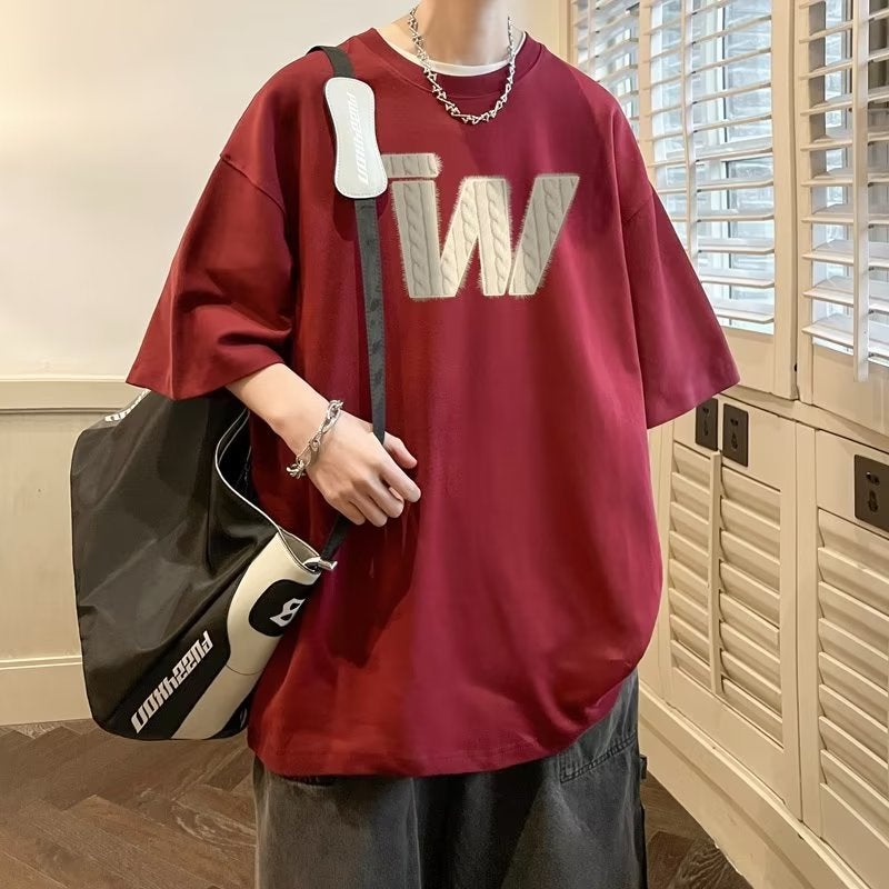 Loose cotton short-sleeved T-shirt men's new half-sleeved W letter printing fashion brand heavy summer ins fashion top T-shirt - Image 3