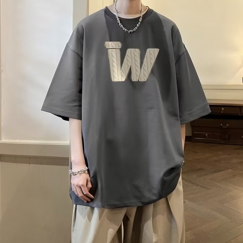 Loose cotton short-sleeved T-shirt men's new half-sleeved W letter printing fashion brand heavy summer ins fashion top T-shirt - Image 5