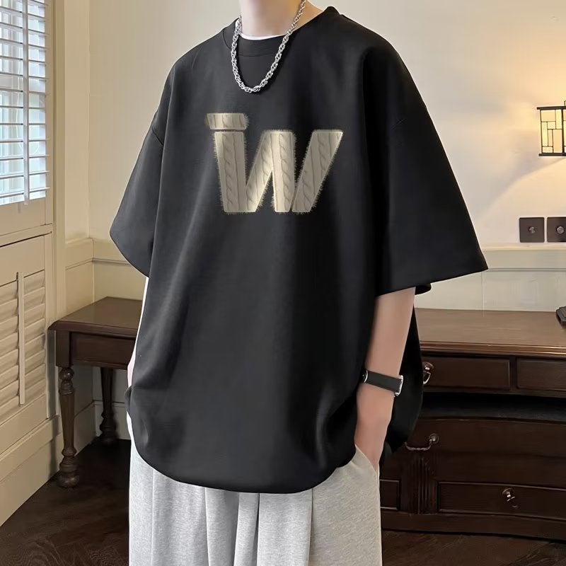 Loose cotton short-sleeved T-shirt men's new half-sleeved W letter printing fashion brand heavy summer ins fashion top T-shirt - Image 1
