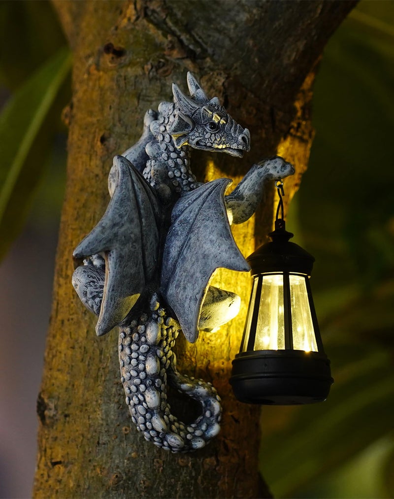 Goodeco Dragon Tree Hugger Solar Lantern Garden Statue - 9.3 Inch Resin Dragon Decor for Outdoor, Perfect Garden Gift & Yard Decor - Image 1