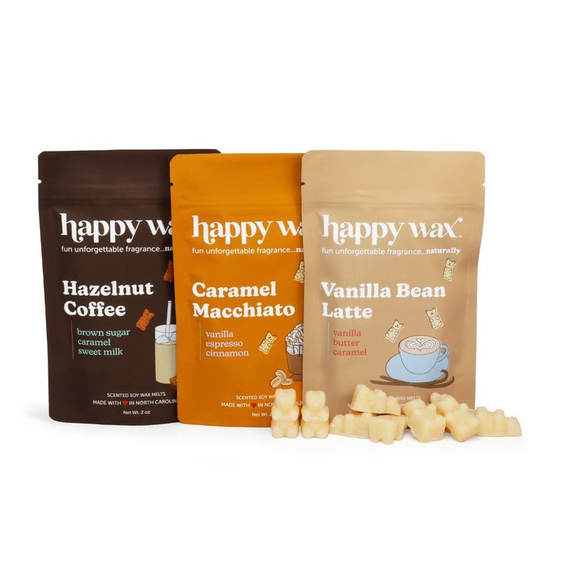 Happy Wax Coffee Mix Collection Scented Natural Soy Wax Melts â€“ 6 Total Oz. of Scented Wax Melts, Collection Includes Hazelnut Coffee, Vanilla Bean Latte and Caramel Macchiato