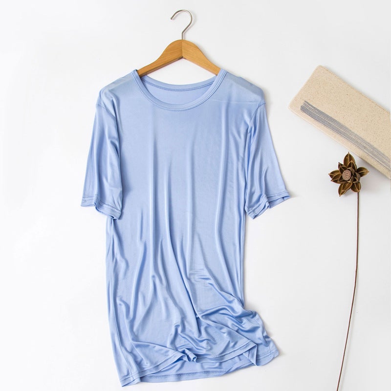 Solid Color Silk Knitted Crewneck T-Shirt Large Size Loose Mulberry Silk Short Sleeve Crewneck T-Shirt Men'S Summer - Image 1