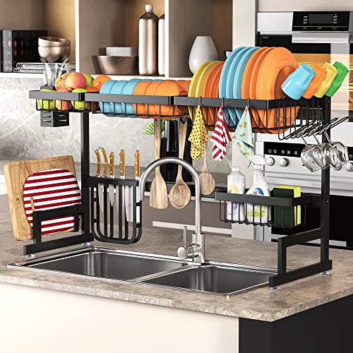 PUSDON Over Sink Dish Drying Rack Stainless Steel, Adjustable Large Dish Drainer for Storage Kitchen Organization Black 2 Tier - Standard(26"-38") - Image 1