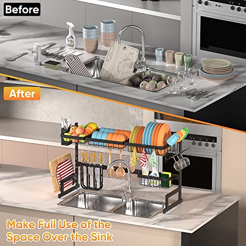 PUSDON Over Sink Dish Drying Rack Stainless Steel, Adjustable Large Dish Drainer for Storage Kitchen Organization Black 2 Tier - Standard(26"-38") - Image 2