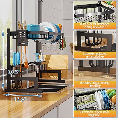 PUSDON Over Sink Dish Drying Rack Stainless Steel, Adjustable Large Dish Drainer for Storage Kitchen Organization Black 2 Tier - Standard(26"-38") - Image 3