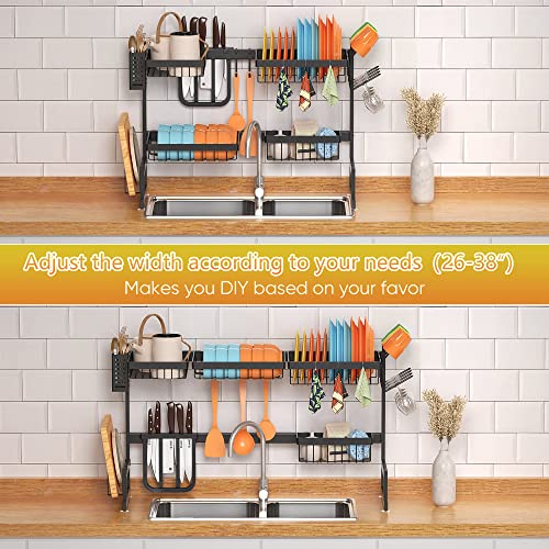 PUSDON Over Sink Dish Drying Rack Stainless Steel, Adjustable Large Dish Drainer for Storage Kitchen Organization Black 2 Tier - Standard(26"-38") - Image 5