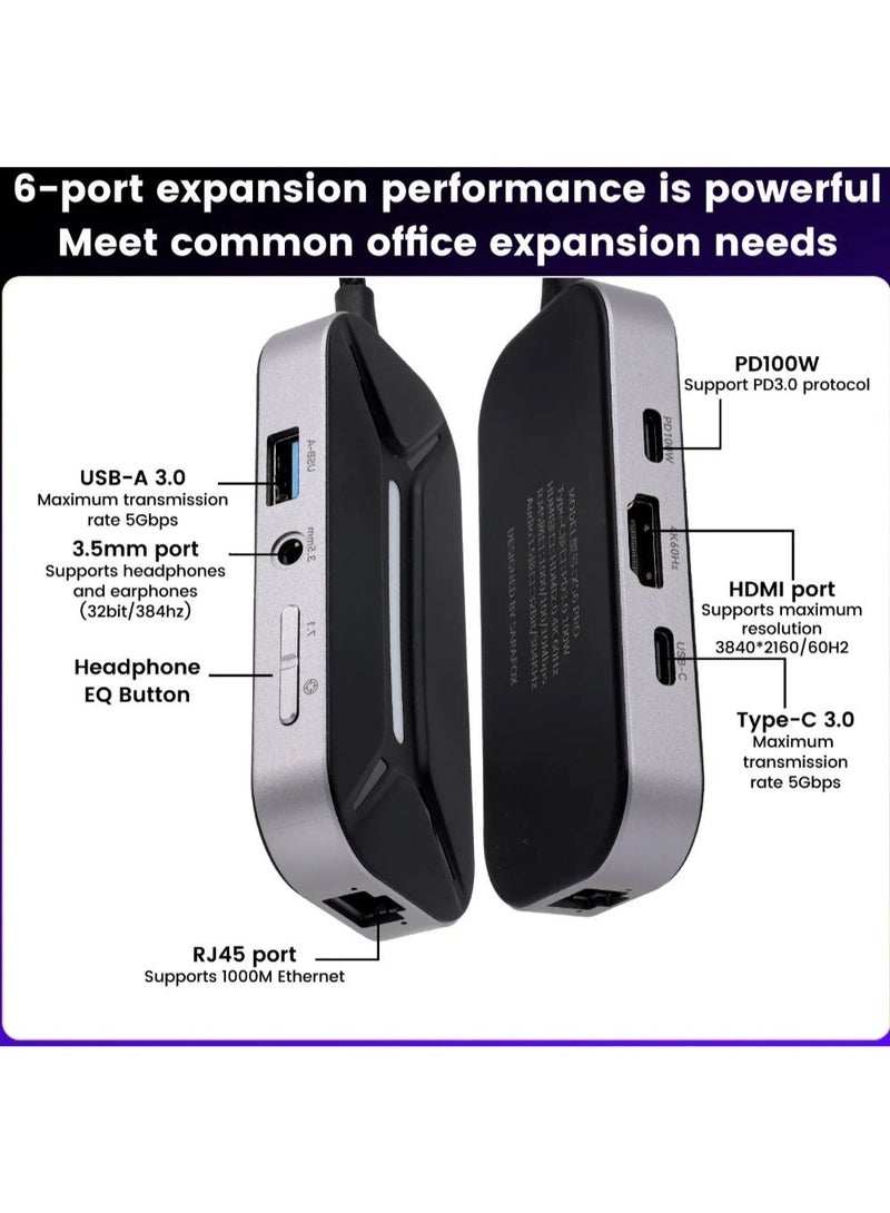 سارافوكس موزع ومحول ألعاب Type-C سداسي المنافذ (6 في 1) Sarafox XS6 Pro – منفذ HDMI 4K، شحن سريع 100W PD، شبكة إنترنت جيجابت، منفذ صوت 3.5 ملم – متوافق مع أندرويد، آيباد وريد ماجيك - Image 2