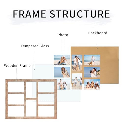 YESKAY 4x6 Collage Picture Frame - 8 Opening 4 x 6 Photo Frames Display,Multiple Family Photo Collage Frames with Real Glass for Wall Decor,Rustic Brown 1 Pack(OD:13X17in) - Image 3