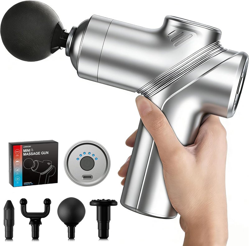 Deep Tissue Mini Massage Gun, Muscle Percussion Massager for Athletes, 4 Massages Head and 6 Speeds for Pain Relief, Grey - Image 1