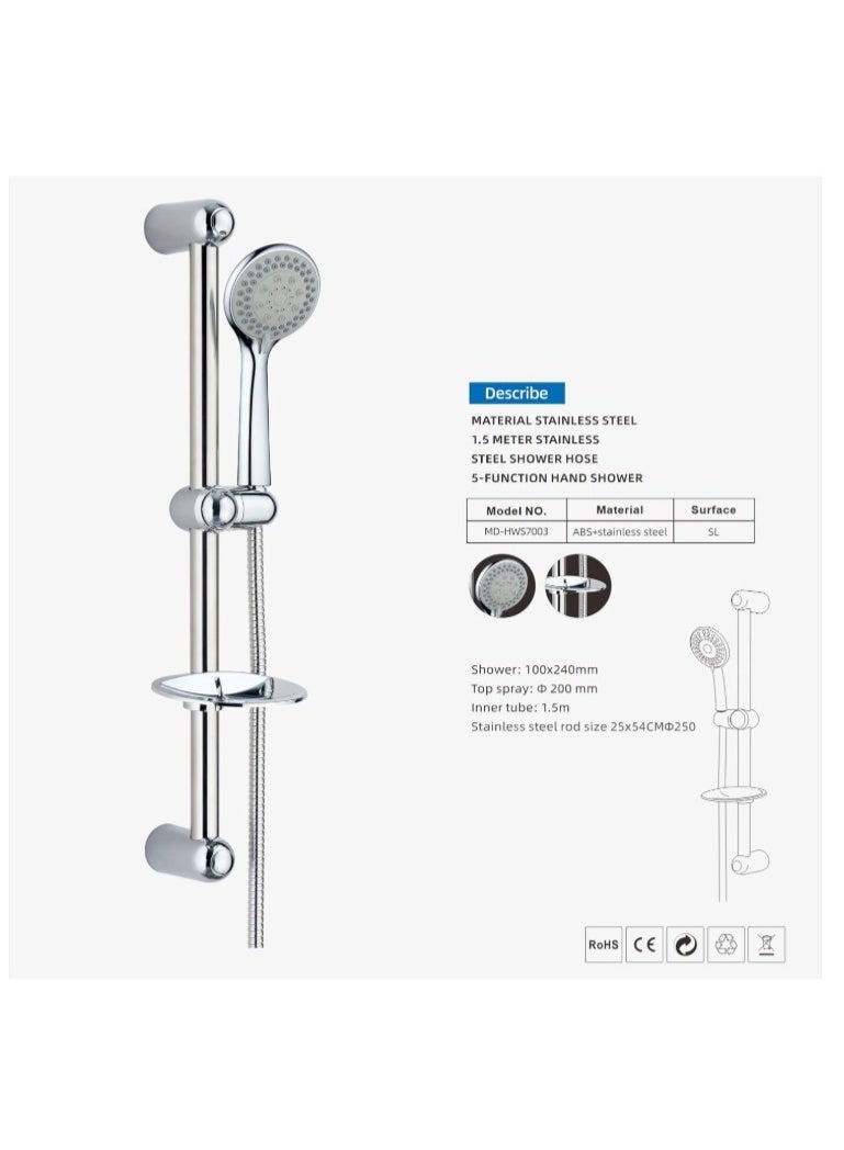 طقم دش يدوي فاخر من الفولاذ المقاوم للصدأ - دش يدوي قابل للتعديل بخمس وظائف مع خرطوم وسكة بطول 1.5 متر، مصنوع من مادة ABS المتينة والفولاذ المقاوم للصدأ، تجهيزات حمام عصرية للمنازل والفنادق (MD-HWS7003) - Image 4
