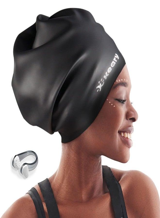 Keary Extra Large Swim Cap for Braids and Dreadlocks Afro Hair Weaves Long Hair, Waterproof Silicone Cover Ear Bath Pool Shower Swimming Cap for Women Men Youth Adult Kids Girl to Keep Hair Dry, Black - Image 1