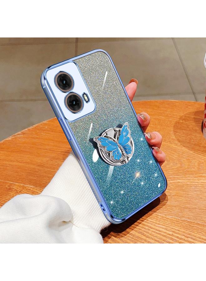 For Motorola Moto G85 Plated Gradient Glitter Butterfly Holder TPU Phone Case(Sierra Blue)