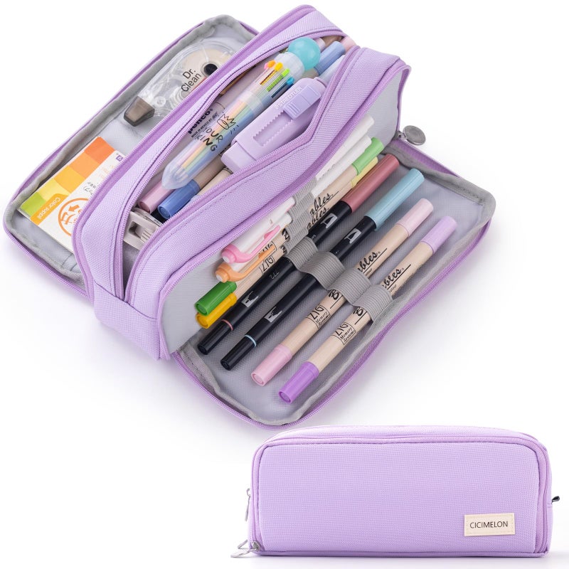 CICIMELON Large Capacity Pencil Case 3 Compartment Pouch Pen Bag for School Teen Girl Boy Men Women Purple