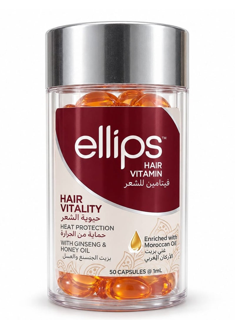 Ellips Hair Vitamin Hair Vitality with Moroccan Oil, Heat Protection With Ginseng & Honey Oil, 50 x 1ml Capsules - Image 1