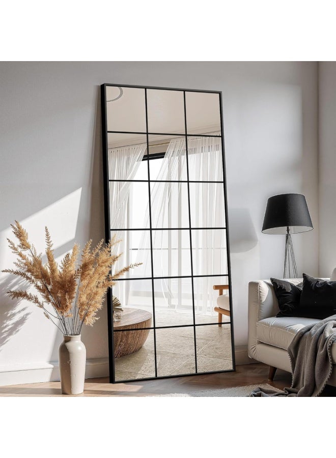 Vphom مرآة حائط معدنية بنمط نافذة (90 × 180 سم) - مرآة كبيرة مزخرفة بإطار معدني لغرفة المعيشة وغرفة النوم والمدخل - أسود مطفي - Image 1