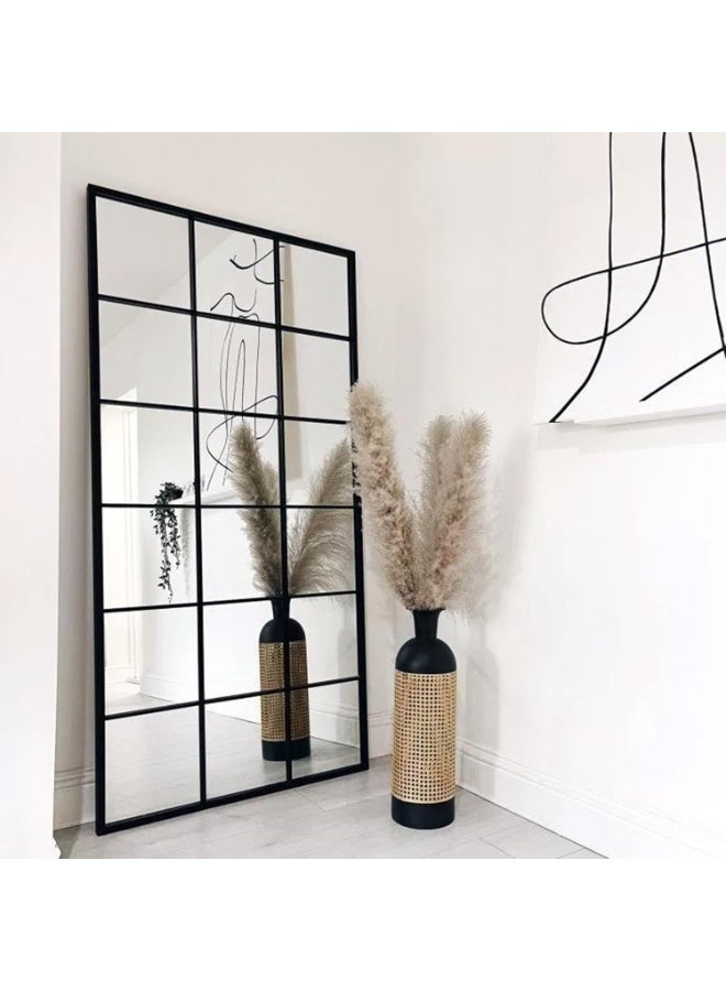 Vphom مرآة حائط معدنية بنمط نافذة (90 × 180 سم) - مرآة كبيرة مزخرفة بإطار معدني لغرفة المعيشة وغرفة النوم والمدخل - أسود مطفي - Image 4