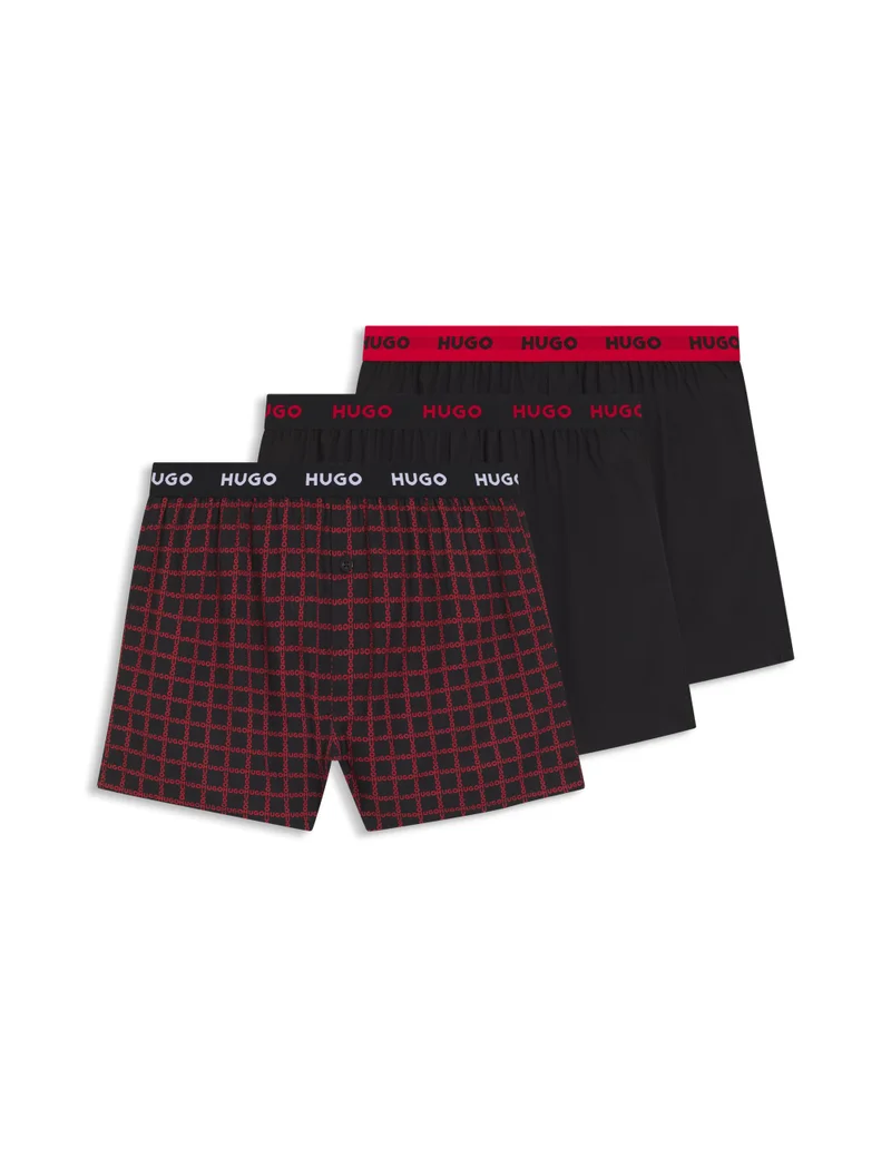 HUGO Three-pack of cotton boxer shorts with logo waistbands