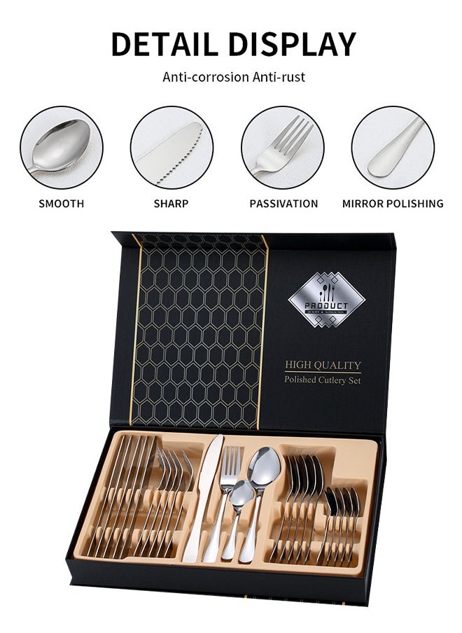 DUNISO 24 Pcs Stainless Steel Cutlery Set,silverware flatware cutlery set，Western style kitchen utensil set, mirror polished tableware set, with knife, fork, spoon and gift box, suitable for family dining, kitchen，gatherings, silver  - Image 3