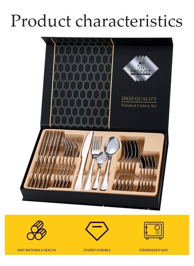 DUNISO 24 Pcs Stainless Steel Cutlery Set,silverware flatware cutlery set，Western style kitchen utensil set, mirror polished tableware set, with knife, fork, spoon and gift box, suitable for family dining, kitchen，gatherings, silver  - Image 4