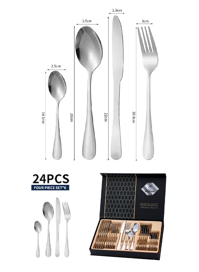 DUNISO 24 Pcs Stainless Steel Cutlery Set,silverware flatware cutlery set，Western style kitchen utensil set, mirror polished tableware set, with knife, fork, spoon and gift box, suitable for family dining, kitchen，gatherings, silver  - Image 2