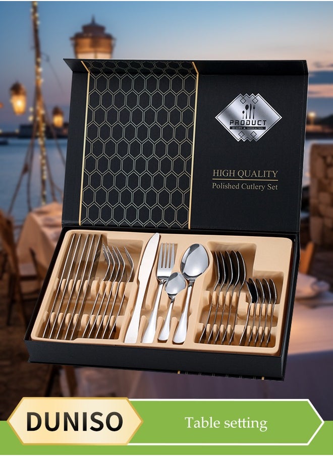 DUNISO 24 Pcs Stainless Steel Cutlery Set,silverware flatware cutlery set，Western style kitchen utensil set, mirror polished tableware set, with knife, fork, spoon and gift box, suitable for family dining, kitchen，gatherings, silver  - Image 1