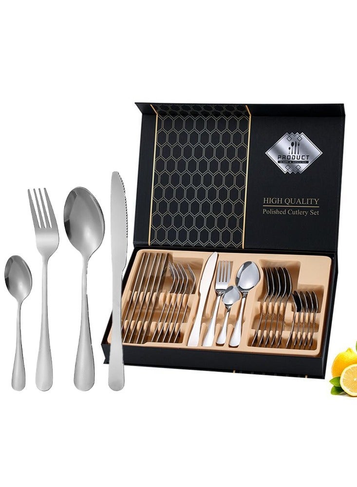 DUNISO 24 Pcs Stainless Steel Cutlery Set,silverware flatware cutlery set，Western style kitchen utensil set, mirror polished tableware set, with knife, fork, spoon and gift box, suitable for family dining, kitchen，gatherings, silver - Image 1