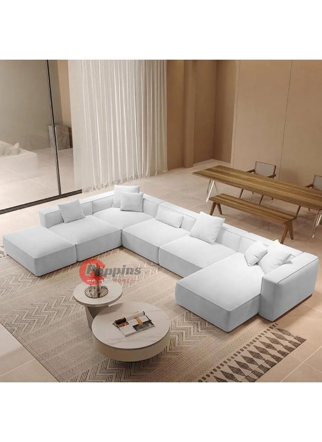 Poppins Home Luxurious Nordic U-Shape Majlis 7-Seater Sofa Set Premium Velvet Fabric Spacious Corner Sectional Design (White, LEFT BED)  - Image 1