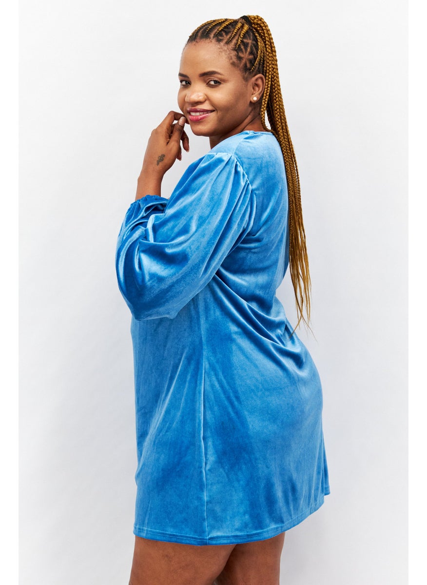 In the style - Women Textured Mini Casual Dress, Teal Blue - Image 1