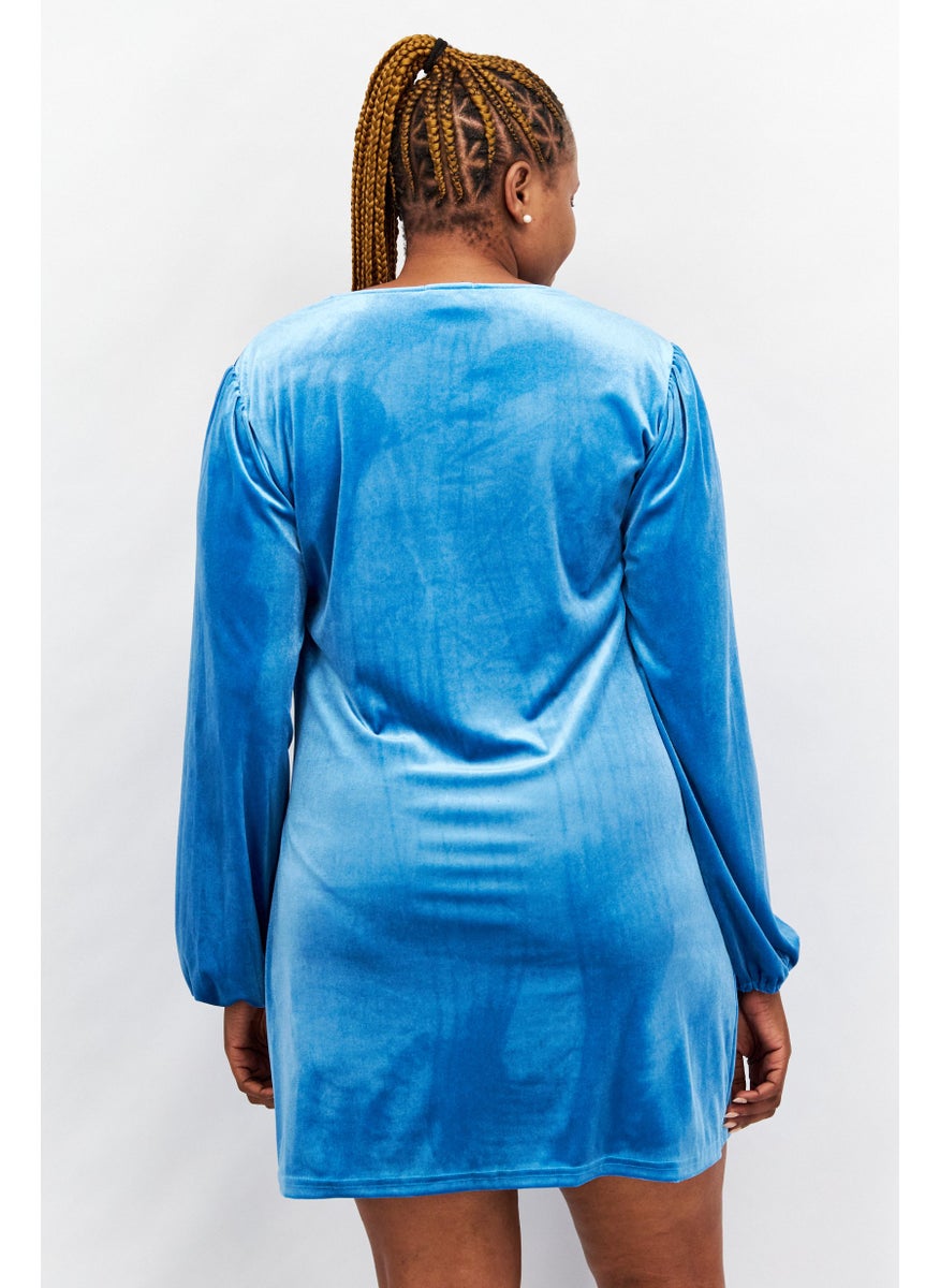 In the style - Women Textured Mini Casual Dress, Teal Blue - Image 1