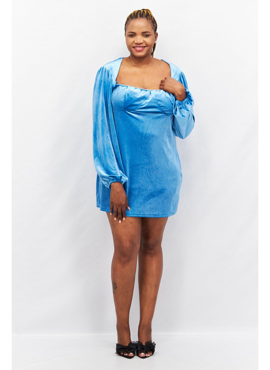 In the style - Women Textured Mini Casual Dress, Teal Blue - Image 1