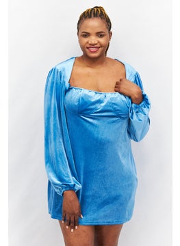 Women Textured Mini Casual Dress, Teal Blue