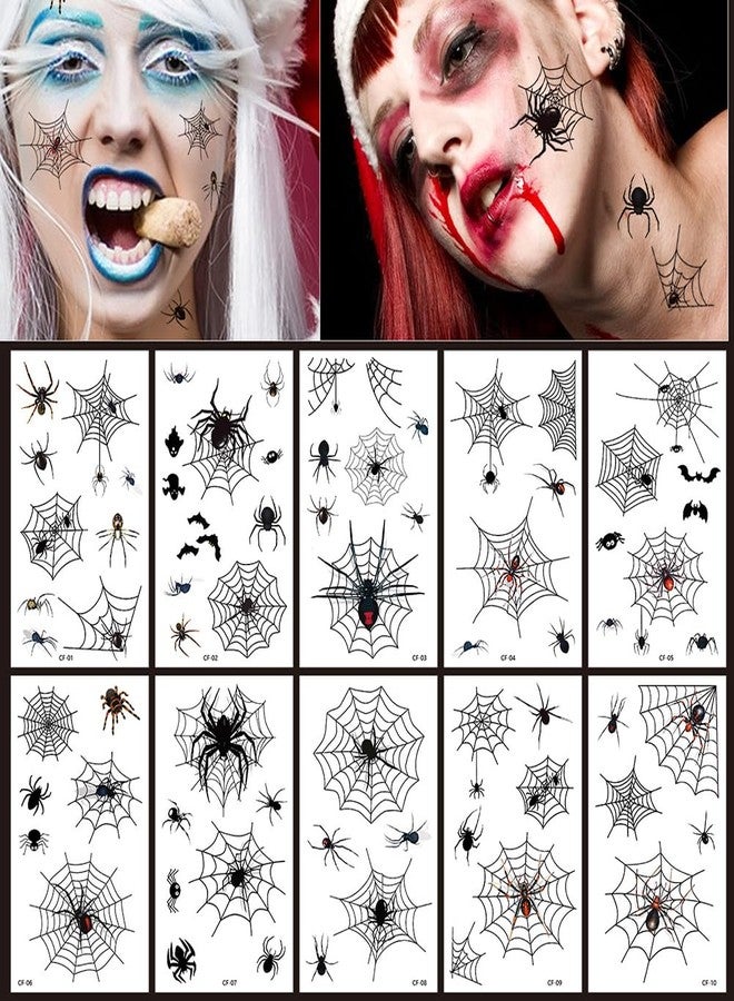 Hrnsnails 10 Sheets Halloween Tattoos - Spider Web Temporary Tattoos, Fake Spider for Face Shoulder Arm Back Tattoos Stickers - Halloween Costume Apparel Cosplay Accessories Party Favor Supplies - Image 1