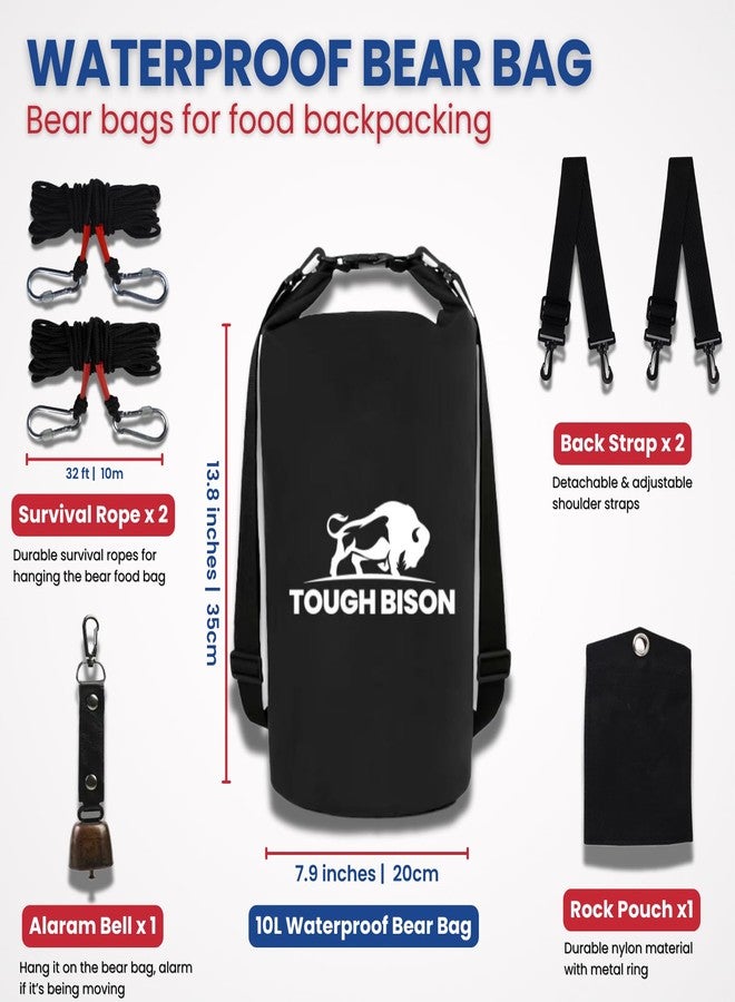 Tough Bison Bear Bag Hanging Kit - 10L Waterproof Bear Proof Food Storage Bag, 2 Straps, Rock Sack & 2 Ropes with 4 Safety Clips for Hiking, Kayaking, Camping, Outdoor Adventures - Image 2