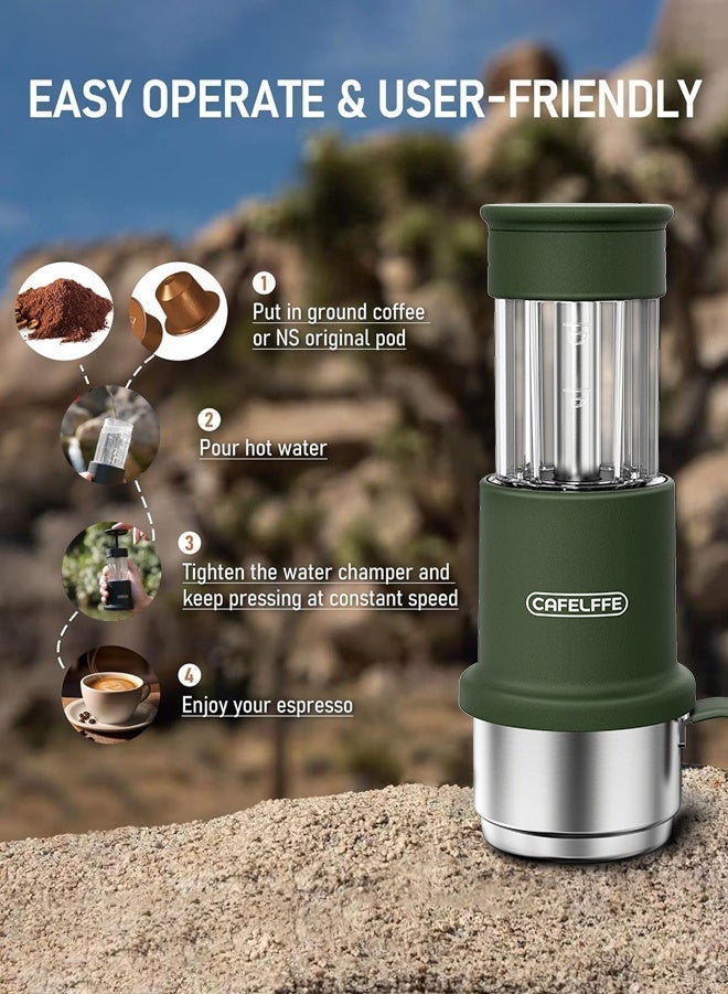 Cafelffe Portable Coffee Machine 2 In 1 Small Travel Manual Capsule Coffee Machine With Stainless Steel Coffee Cup For Nespresso Pod & Ground Coffee Green - Image 3