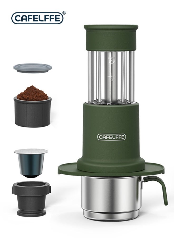 Cafelffe Portable Coffee Machine 2 In 1 Small Travel Manual Capsule Coffee Machine With Stainless Steel Coffee Cup For Nespresso Pod & Ground Coffee Green  - Image 1