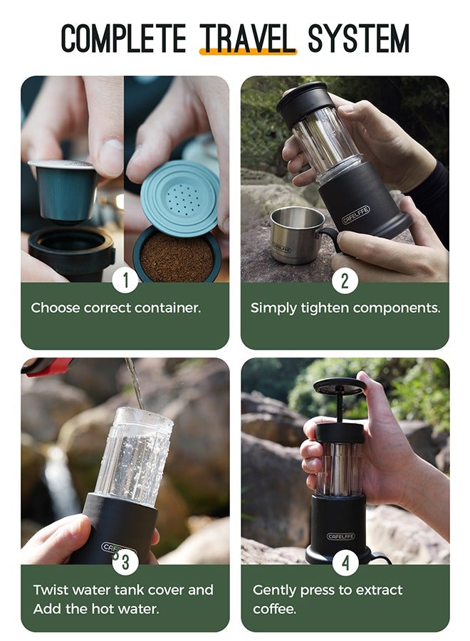Portable Coffee Machine 2 In 1 Small Travel Manual Capsule Coffee Machine With Stainless Steel Coffee Cup For Nespresso Pod & Ground Coffee Green