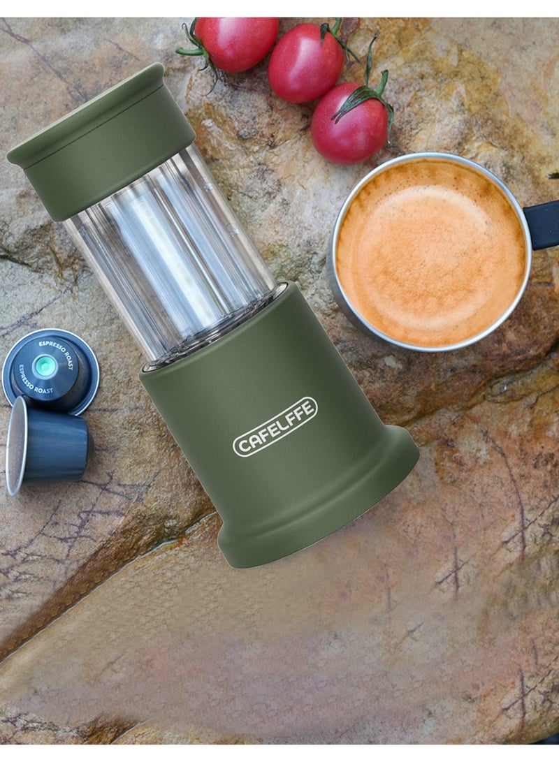 Portable Coffee Machine 2 In 1 Small Travel Manual Capsule Coffee Machine With Stainless Steel Coffee Cup For Nespresso Pod & Ground Coffee Green