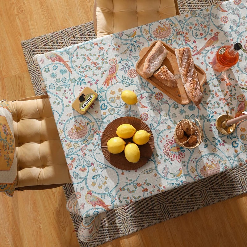 patdrea Designer Yellow French Spring Summer TableclothRustic Linen Floral Birds Table Cloth for Rectangle TablesDecor Table Cover for Kitchen Dining Holiday BanquetChristmas67118 - Image 3