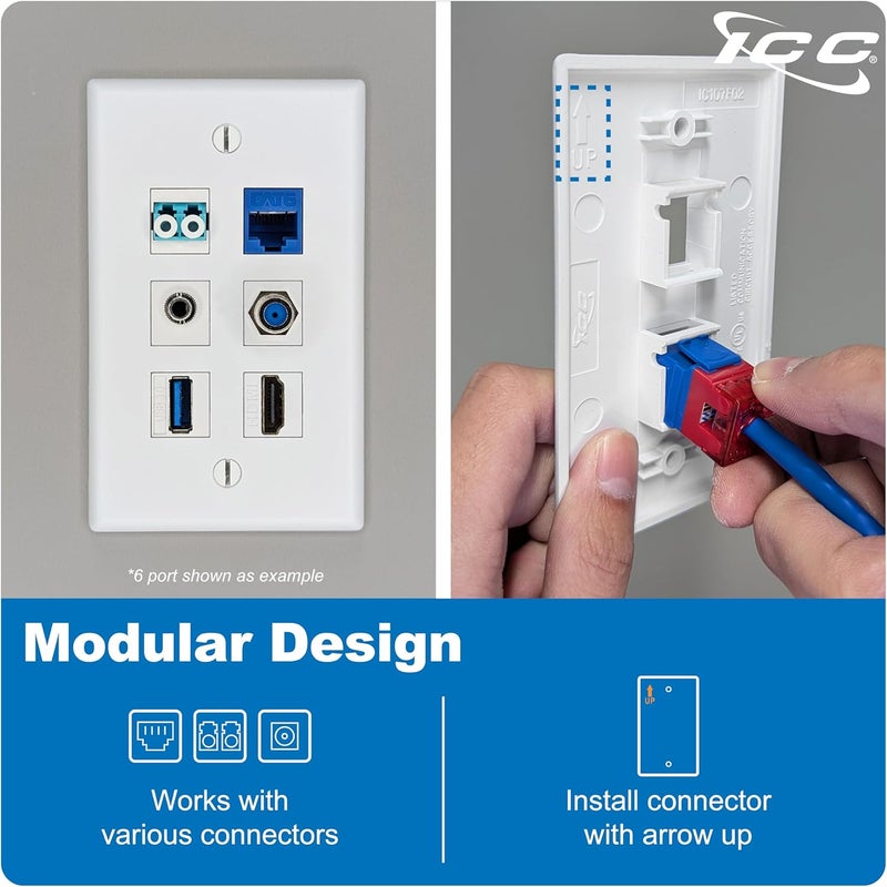 ICC 2-Port Keystone Wall Plate (10 Pack), UL Listed, Durable ABS Plastic, Single Gang Wall Plate for RJ45 Modular Jack and Inserts, White - Image 5