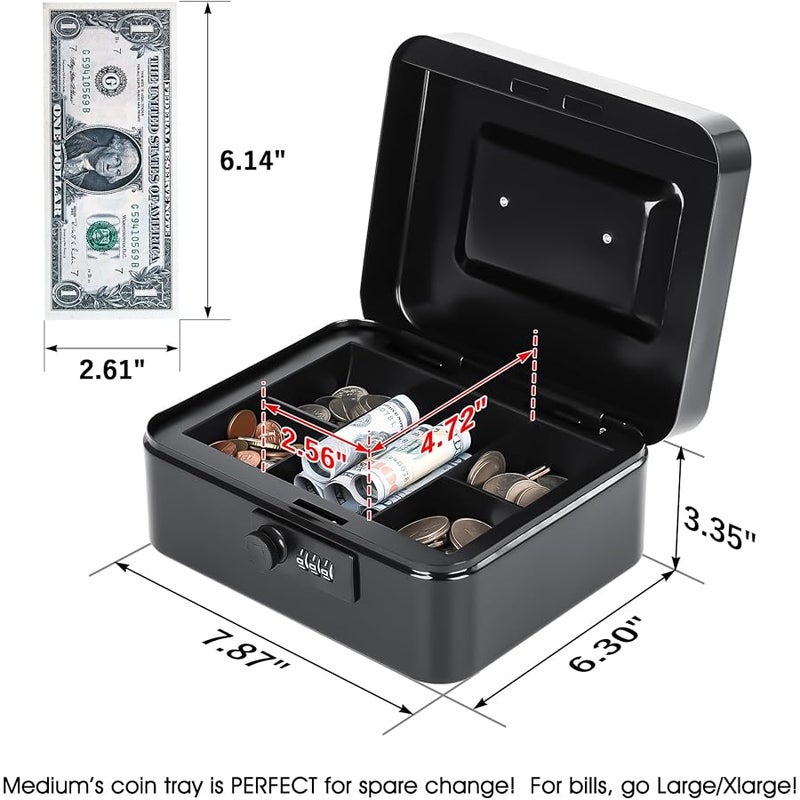 Kyodoled Medium Cash Box with Combination Lock Safe Metal Money Box with Money Tray for Security Lock Box 7.87x 6.30x 3.54 Black Mdeium - Image 2