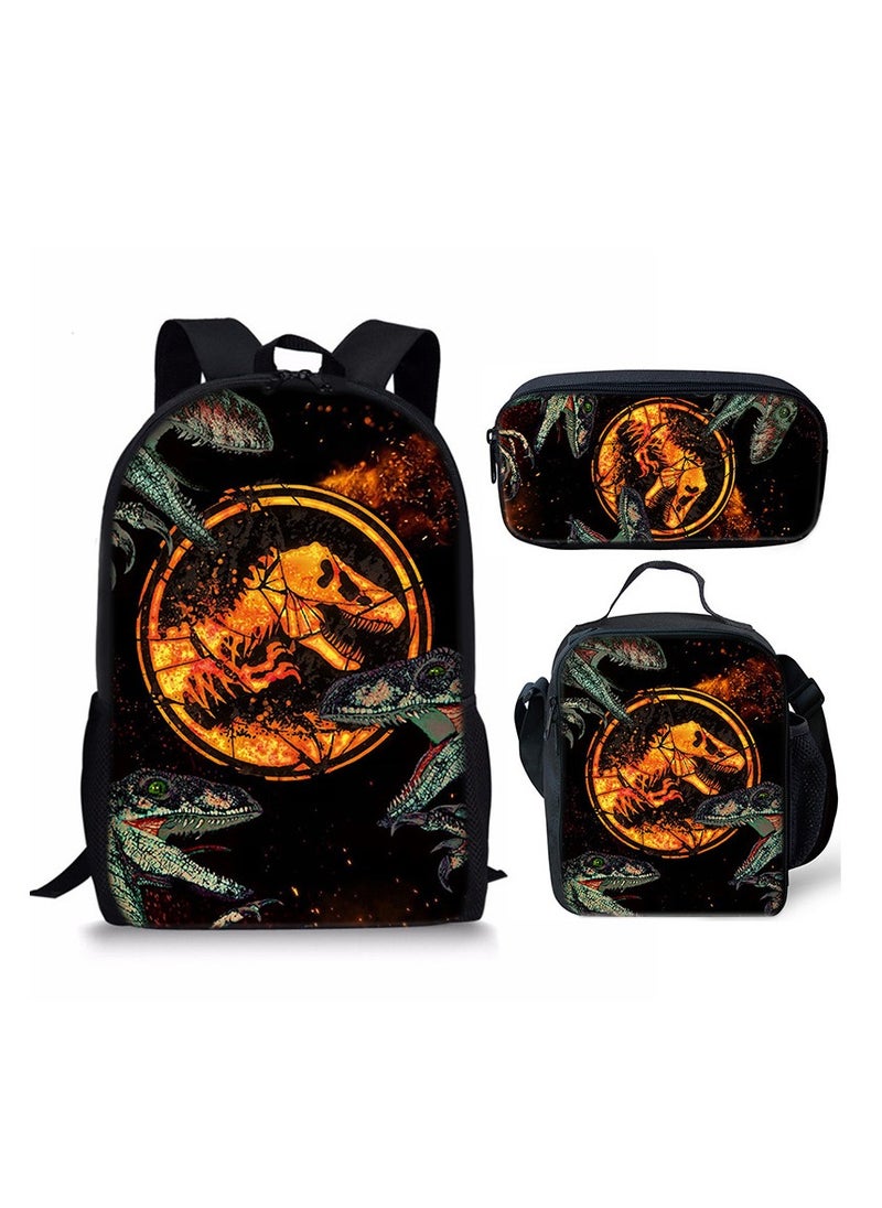 JURASSIC WORLD New Jurassic Park Dinosaur Three piece Set with Large Capacity Backpack, Student School Bag, Lunch Bag, Pen Bag  - Image 1
