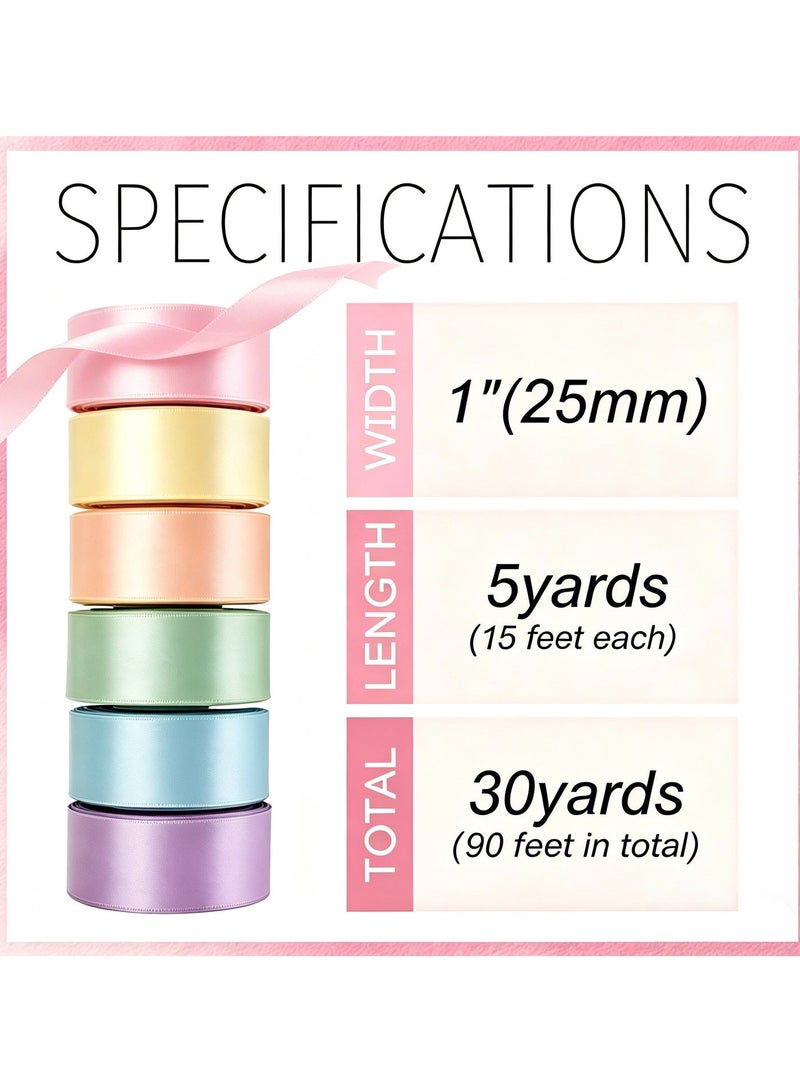 6 Rolls Satin Gift Wrapping Ribbon,1 Inches x 5 Yards Each (Total 30 Yards),Gift Ribbon Set for Crafting, Gift Wrapping & Decoration,Macaron - Image 2
