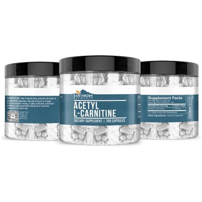 Earthborn Elements Acetyl L-Carnitine, 200 Capsules, Pure & Undiluted, No Additives - Image 2