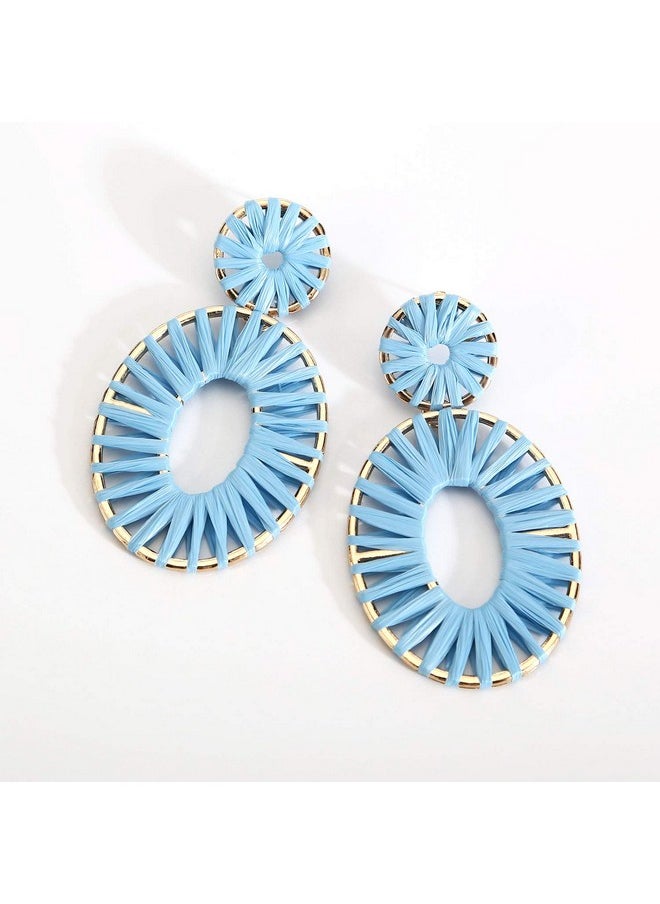 BaubleStar - Kiera Raffia Tassel Fringe Rattan Hoop Drop Statement Earrings Light Blue Turquoise Tiered Thread Handmade Round Oval Cirle Dangle Fashion Jewelry For Women - Image 1