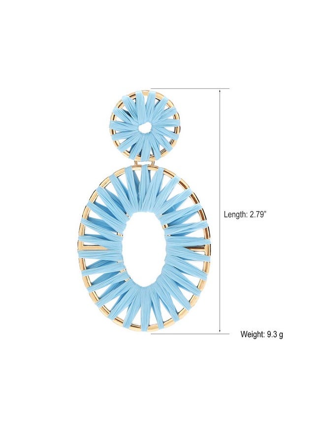 BaubleStar - Kiera Raffia Tassel Fringe Rattan Hoop Drop Statement Earrings Light Blue Turquoise Tiered Thread Handmade Round Oval Cirle Dangle Fashion Jewelry For Women - Image 1