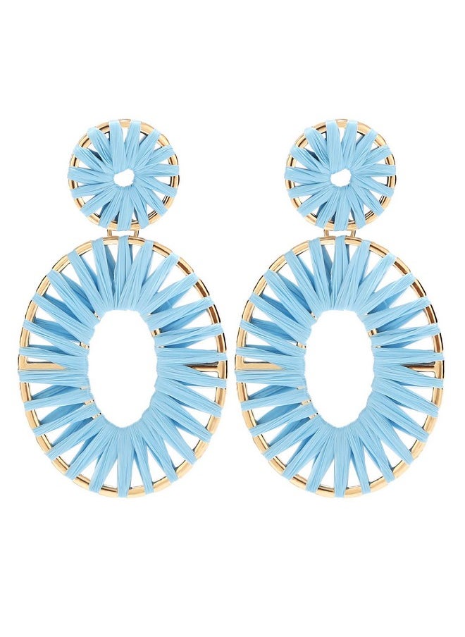 BaubleStar - Kiera Raffia Tassel Fringe Rattan Hoop Drop Statement Earrings Light Blue Turquoise Tiered Thread Handmade Round Oval Cirle Dangle Fashion Jewelry For Women - Image 1