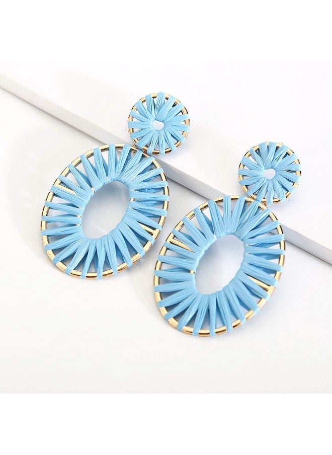 BaubleStar - Kiera Raffia Tassel Fringe Rattan Hoop Drop Statement Earrings Light Blue Turquoise Tiered Thread Handmade Round Oval Cirle Dangle Fashion Jewelry For Women - Image 1