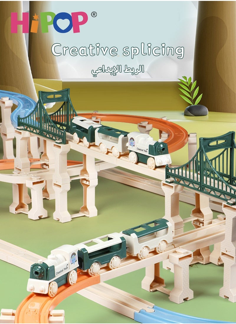 HIPOP - Electric Train Toy Set,Double Layer Simulation Track,Locomotive,Carriage,Road Sign,Tree,Electric Assembly Toy - Image 1